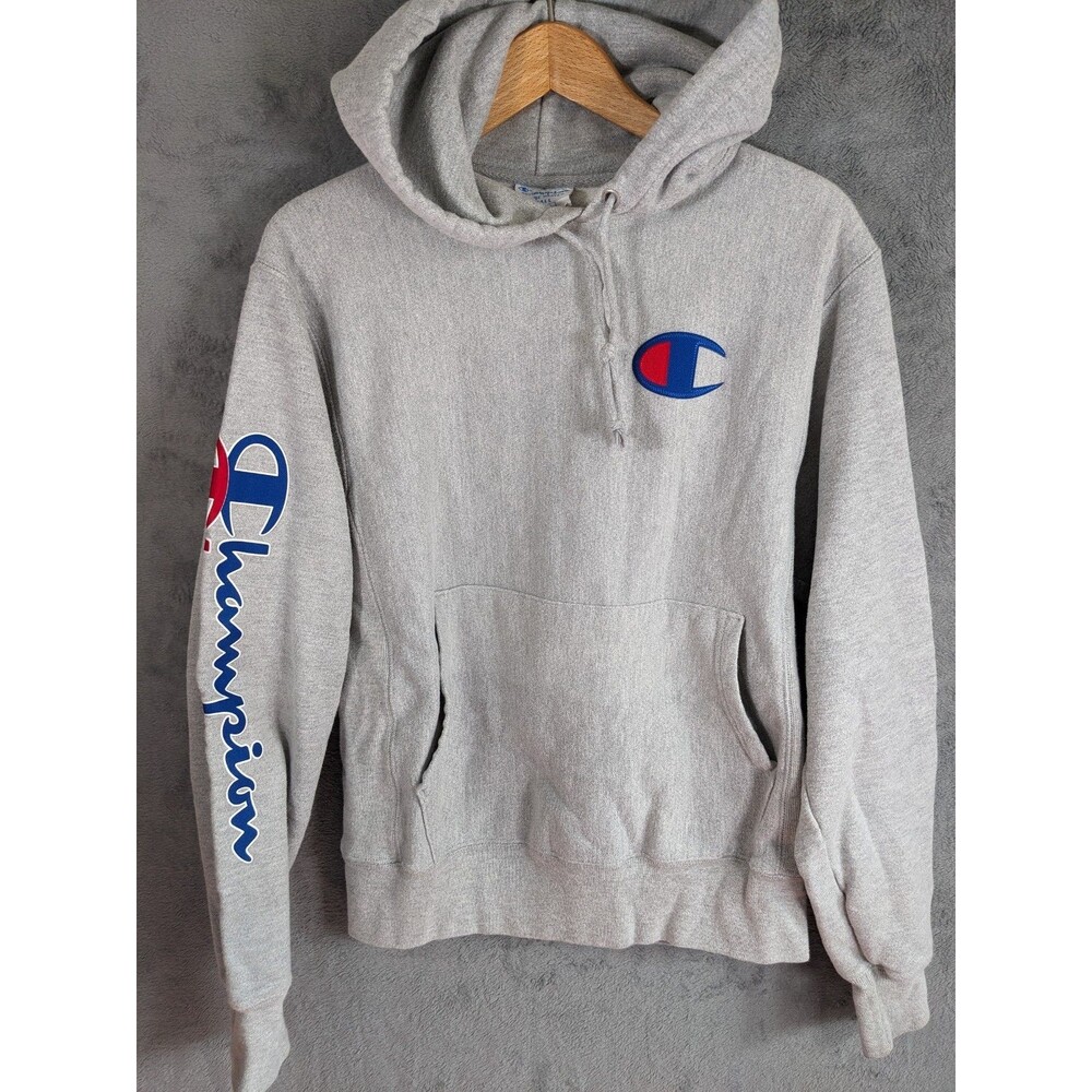 Veg. 80s Champion Reverse Weave Hoodie Men S Gray Spellout Sweatshirt Large Logo